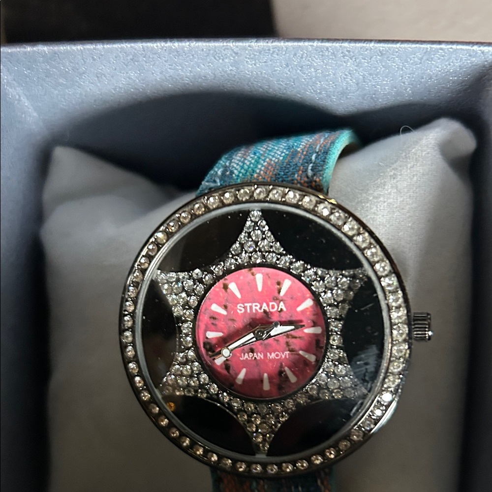 Strada Women's Watch with Pink Dial and Silver Accents multi colored blue fabric